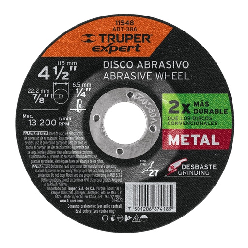 [11548] Disco Tipo 27 de 4-1/2' x 6.4 mm desbaste de metal, EXPERT ABT-386