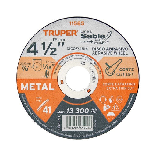 [11585] Disco abrasivo de corte preciso metal 4-1/2' x 1.6 mm TRUPER DICOF-4516