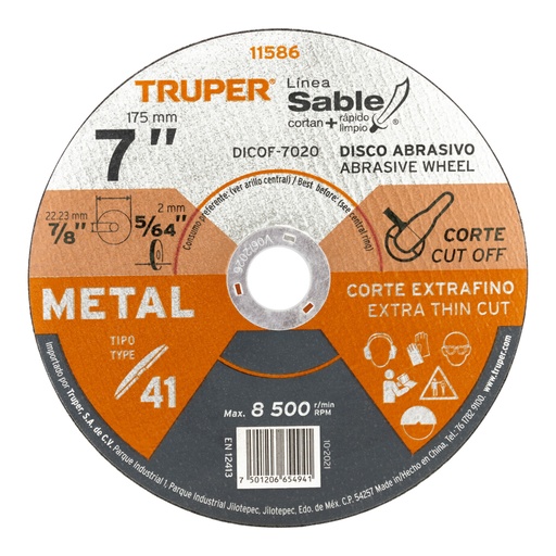 [11586] Disco abrasivo de corte preciso metal 7' x 2 mm, TRUPER DICOF-7020