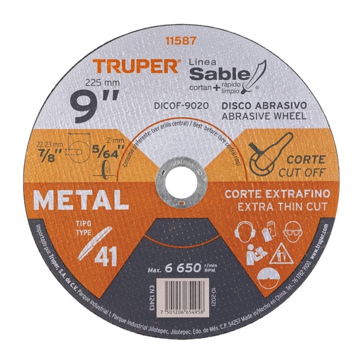 [11587] Disco abrasivo de corte preciso metal 9' x 2 mm, TRUPER DICOF-9020