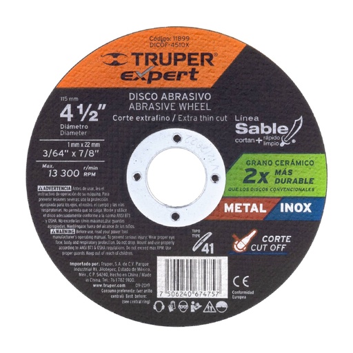 [11899] Disco abrasivo de corte preciso metal 4-1/2' x 1 mm, EXPERT DICOF-4510X