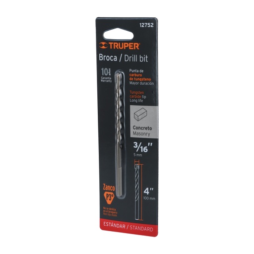 [12752] Broca para concreto de 3/16 x 4' en blíster, TRUPER BCT-3/16X4-B