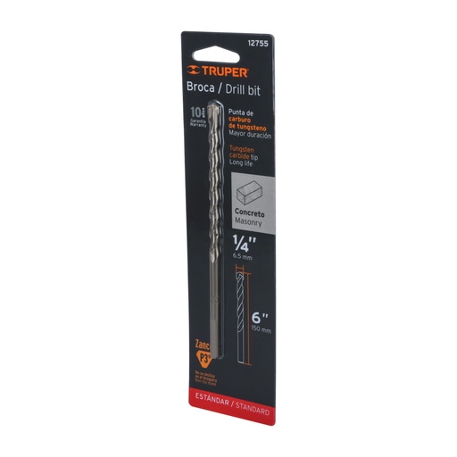 [12755] Broca para concreto de 1/4 x 6' en blíster, TRUPER BCT-1/4X6-B